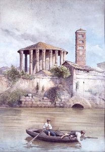Herkules-tempelet fra elven Tiberen, Roma (akvarell) av Ettore Roesler Franz