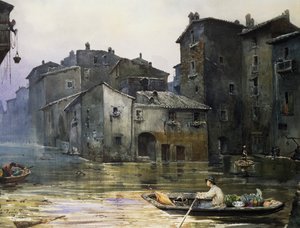 Via della Fiumara oversvømmet i Roma, av Ettore Roesler Franz (1845-1907), akvarell, Italia