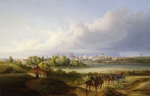 En utsikt over München og elven Isar, 1838 av Eugen Adam