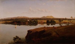 Utsikt over Purrumbete Station med utsikt mot nordvest. Mt. Leura og Mt. Sugarloaf i det fjerne, Australia