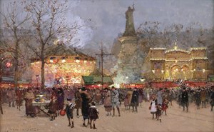 Fete, på Place de La Republique, Paris (svart kritt og gouache på papir) av Eugene Galien Laloue