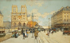 Figurer på en solrik parisisk gate, Notre Dame til venstre