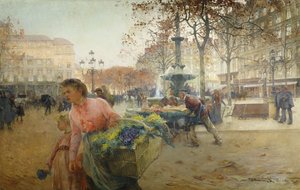 Place du Theatre Francais, Paris av Eugene Galien Laloue