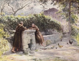 The Reast of St Francis and Friar Masseo ved fontenen, St Francis Praises Poverty (farge litho)