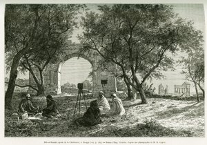Bab-er-Roumia (Bab er Roumia), porten til den kristne kvinnen, romerske ruiner i Dougga, piknik for reisende og deres guider, rundt et kamera. Gravering av Eugene Girardet, for å illustrere historien Voyage en Tunisie, av R.Cagnat og H.Saladin, anklager om av Eugene Alexis Girardet