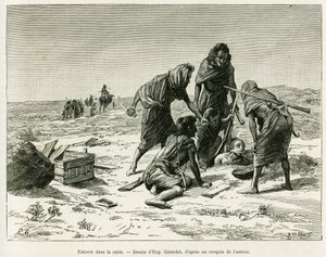 Begrav i sanden. Gravering av Eugene Girardet, for å illustrere historien Fem måneder i de nomadiske myrene i Vest-Sahara, i 1887, av Camille Douls, i le tour du monde 1888, under ledelse av Edouard Charton (1807-1890), Hachette, Paris.