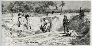 Utgravninger på den kristne kirkegården i Lamta, med begge misjonsanklager. Gravering av Eug.Girardet, for å illustrere historien «Reise til Tunisia», av Rene Cagnat