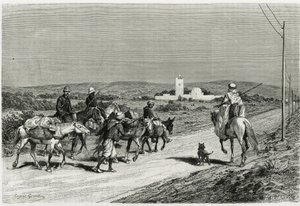 Traileren vår flytter seg. Gravert av Eugene Girardet, for å illustrere historien "" Voyage en Tunisie", av Rene Cagnat (1852-1937) historiker og Henri Saladin (1851-1923), arkitekt, bestilt i 1882-1883, av departementet for offentlig undervisning. Publise