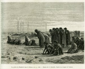 Moghreb-bønnen i Sahara. Gravering av J.Girardet, for å illustrere historien Cinq mois chez les moures nomades du Sahara occidental, i 1887, av Camille Douls, i le tour du monde 1888, under ledelse av Edouard Charton (1807-1890), Hachette, Pa