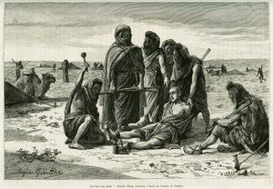 Den vil gå på beina. Gravering av Eugene Girardet, for å illustrere historien Cinq mois chez les moures nomades du Sahara occidental, i 1887, av Camille Douls, i le tour du monde 1888, under ledelse av Edouard Charton (1807-1890), Hachette, Paris.