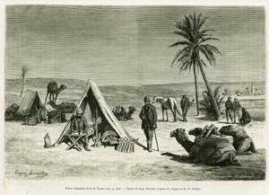 Reiseleir i nærheten av Tozeur. Gravering av Eugene Girardet for å illustrere historien Voyage en Tunisie, av R.Cagnat og H.Saladin, i le tour du monde 1886, regissert av Edouard Charton (1807-1890), Hachette, Paris.