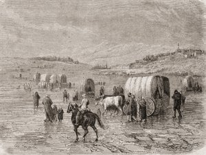 Et vogntog på vei vestover på 1860-tallet, gravert av Stephane Pannemaker (1847-1930)