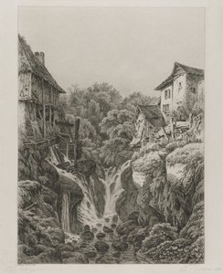 Møllen og fossen i Grésy nær Aix-les-Bains, 1856. av Eugene Bléry