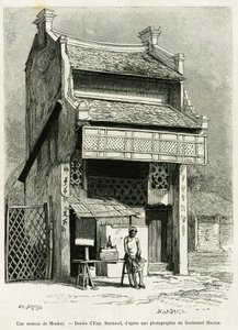 Et Monkay-hus. Gravering av Eugene Burnand, for å illustrere historien Sur les frontières du Tonkin, av doktor P.Neiss, i le tour du monde 1888, regissert av Edouard Charton (1807-1890), Hachette, Paris. av Eugene Burnand