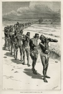 Søyle av bærere gjennom rismarkene, mellom Bassac og Hue, etset etter en tegning av Eugene Burnand, for å illustrere historien om Laos og de ville populasjonene i Indokina, av Dr. Harmand, i 1877, publisert i tour du monde, under det direkte av Eugene Burnand