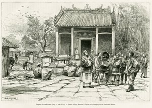 Konferansepagoden, Monkay. Gravering av Eugene Burnand, for å illustrere historien Sur les frontières du Tonkin, av doktor P.Neiss, i le tour du monde 1888, regissert av Edouard Charton (1807-1890), Hachette, Paris. av Eugene Burnand
