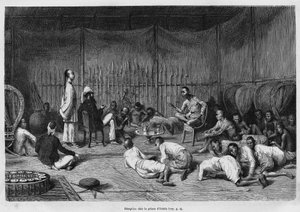 Dr. Harmand i resepsjonen på prinsen av Oubon (Laos), beskrivelse av det indre av den fyrste saken og dens gårdsplass, gravering av Eugene Burnand, for å illustrere historien om Laos og de ville populasjonene i Indokina av Dr. Harmand, i 1877, publ av Eugene Burnand