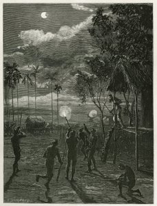 Dr. Harmand våkner midt på natten av støyen fra riflene til de innfødte Khas, og skyter mot månen utsatt for en formørkelse, ved Attopeu (Laos), gravering av Eugene Burnand, for å illustrere historien om Laos og naturen. befolkningen i Indo av Eugene Burnand