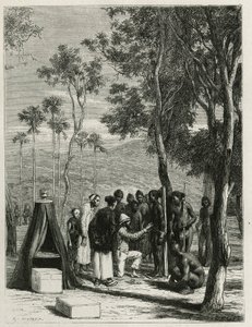 Dr. Harmand foretar en antropologisk måling av urbefolkningen Khas, en Attopeu (Laos), gravering av Eugene Burnand, for å illustrere historien om Laos og de ville populasjonene i Indokina av Dr. Harmand, i 1877, publisert i tour du monde, under av Eugene Burnand