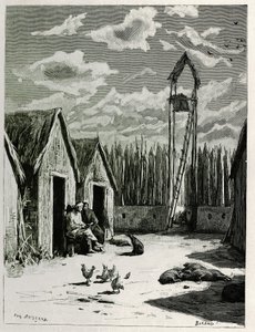 Misjonærplassen i Meuong Ngan. Gravering av Eugene Burnand, for å illustrere historien "Reise i Øvre Laos", i 1880, av Dr. P.Neis. Publisert i Le Tour du monde, nouveau journal des voyages, 2. semester 1885, redigert av Edouard Charton (1807-1890), red. av Eugene Burnand
