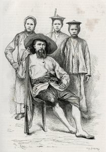 Portrett av forfatteren, omgir hans reisefølge. Gravering av Eugene Burnand, for å illustrere historien "Reise i Øvre Laos", i 1880, av Dr. P.Neis. Publisert i Le Tour du monde, nouveau journal des voyages, 2. semester 1885, redigert av Edou av Eugene Burnand