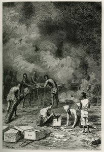 Tørking av herbariumplanter, på store bambusleire, før legen klassifiserer dem og lagrer dem i kassene sine, gravert av Eugene Burnand, for å illustrere historien om Laos og de ville populasjonene i Indokina av doktor Harmand, i 1877, utgitt av Eugene Burnand