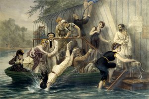 Ah! Det vakre hodet, en søndag ved vannet. Kvinne dykker i badedrakt i vannet på 1800-tallet under latter fra seilere. En kvinne i en båt beskytter seg mot riper med paraplyen. Gravering av Eugene Guerard (1821-1866). Pr