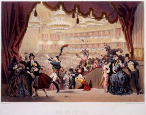 Maskeballet til Opera de la Rue Le Peletier i Paris Dette ballet ble kalt Grand Veglione. Litografi av Eugene von Guerard (1811-1901) Paris fra 1800-tallet, Musee Carnavalet