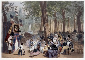 Visningen av guignolene på Champs Elysees i Paris på 1800-tallet. Trykk av Eugene Guerard (1821-1866) Paris fra 1800-tallet, Musee Carnavalet