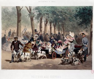 Gå med bil i Tuileries-hagen i Paris på 1800-tallet Litografi av Eugene Guerard (1821-1866) Paris fra 1800-tallet, Musee Carnavalet