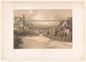 Utsikt over hengende over de Sarine, te Fribourg Sveits Savoy og Tyrol / Profil av hengebroen i Fribourg (Kanton Fribourg) (tittel på objekt)