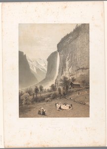 Piknik med utsikt over Staubbach-fossen Le Staubbach (tittel på objekt) La Suisse et la Savoie (serietittel) Ansikter i Sveits og Savoy (serietittel på objekt) av Eugene Ciceri