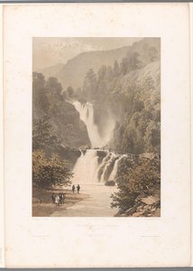 Turgåere med utsikt over Reichenbach-fossen Chûte inférieure du Reichenbach (tittel på objekt) Utsikt i Sveits og Savoy (serietittel) La Suisse et la Savoie (serietittel på objekt) av Eugene Ciceri