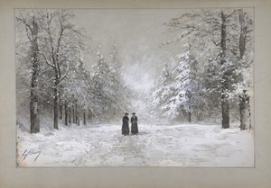 Vinterscene med to menn, 1830-90. av Eugene Ciceri