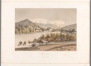 Utsikt over Saint-Martin-sur-Arve fra Mont Blanc St. Martin og Mont-Blanc (tittel på objekt) Gezichten i Sveits, Savoy in Tirol (serietittel) Sveits, Savoy og Tyrol (serietittel på objekt) av Eugene Ciceri