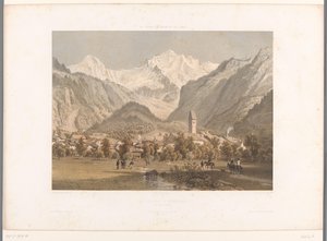 Utsikt over Unterseen og Jungfrau La Jungfrau à Unterseen (tittel på objekt) Ansikter i Sveits, Savoy og Tyrol (serietittel) La Suisse, la Savoie et le Tyrol (serietittel på objekt) av Eugene Ciceri
