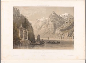 Utsikt over Tells-kapellet ved Vierwaldstättersee La Chapelle de G.me Tell et le lac des Quatre-Cantons (tittel på objekt) Utsikt i Sveits, Savoy og Tyrol (serietittel) La Suisse, la Savoie et le Tyrol (serietittel på objekt) av Eugene Ciceri