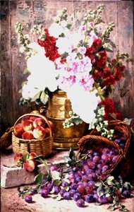 Stilleben med blomster i en messingurne og frukt i kurver av Eugene Claude