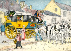 Postvogn ved et vognhus i 1840
