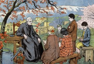 En prest og fremtidige ungdommer som skal ta nattverden sin, i en hage, tegnet av Damblans fra papiret "Le Pelerin" 17. mai av Eugene Damblans