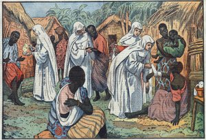 About the inauguration, at the Lateran Palace, in Rome, of the Museums of the White Sisters in a village in Equatorial Africa where they catechism and care for the sick. Illustration of Damblans. In “” Le Pelerin”” of January 29 av Eugene Damblans