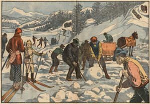 Alpine innbyggere samler isblokker om vinteren for sommeren. I bakgrunnen driver menn med vinteridrett. Illustrasjon av Damblans. I "" Le Pelerin"" av 18. desember av Eugene Damblans