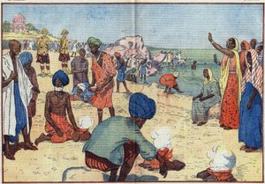 Sivil ulydighetsuke i India mot det britiske imperiet: På Bombay Beach koker Gandhi (1869-1948) og hans støttespillere sjøvann for å skaffe salt i strid med Gabelle-loven. Kvinner oppmuntrer dem ved å gjenta dette refrenget: "Bryt, bryt saltloven, av Eugene Damblans