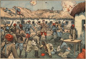 Colonial troops unlocked the Aoulay (Aoulai) post in Morocco under Captain Duboin. Illustration of Damblans. In “” Le Pelerin”” of June 7 av Eugene Damblans