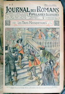 Forside av en serialisering av The Three Musketeers av Alexandre Dumas pere (1803-70) fra Journal des Romans Populaires Illustres, 1905