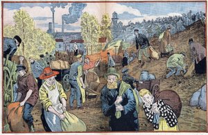 Jegere søker etter kullbiter blant steinene som er hentet fra gruvene for å varme seg opp om vinteren. Rhur-regionen, Tyskland. Illustrasjon av Damblans. I "" Le Pelerin"" av 4. oktober av Eugene Damblans