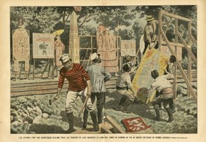 Illustrasjon av Eugene Damblans (1865-1945) i Le Pelerin, 03/09/05 - Japanerne gjør et gigantisk krav på industriens produkter langs jernbanelinjer med plakater i forskjellige former - Reklame, Japan, jernbanetog, plakater Plakater av Eugene Damblans