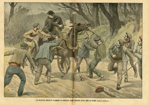Illustrasjon av Eugene Damblans (1865-1945) i Le Pelerin, 31/01/04 - Landbruksgrevister angriper regisseur av en eiendom til M. Sere de Riviere - Sosial, Diverse fakta, Greve, Transport, Landbruk, Skog, Caleche Fiacre Cab - Arbeider, Hestehester, av Eugene Damblans