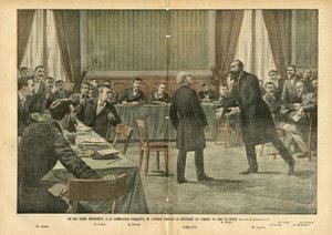 Illustrasjon av Eugene Damblans (1865-1945) i Le Pelerin, 03/07/04 - I en rørende scene, i undersøkelseskommisjonen, ba M. Lagrave presidenten for rådet om å fortelle sannheten - Religion Faith, Undersøkelseskommisjonen , katolsk katolisisme - Million av Eugene Damblans