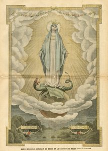 Illustrasjon av Eugene Damblans (1865-1945) i Le Pelerin, 04/12/04 - Mary immaculee viser seg for verden og bringer frelse til den - Religion Tro, katolsk katolisisme - Immaculee unnfangelse - Mary, Dragon - Skyer - Jorden av Eugene Damblans